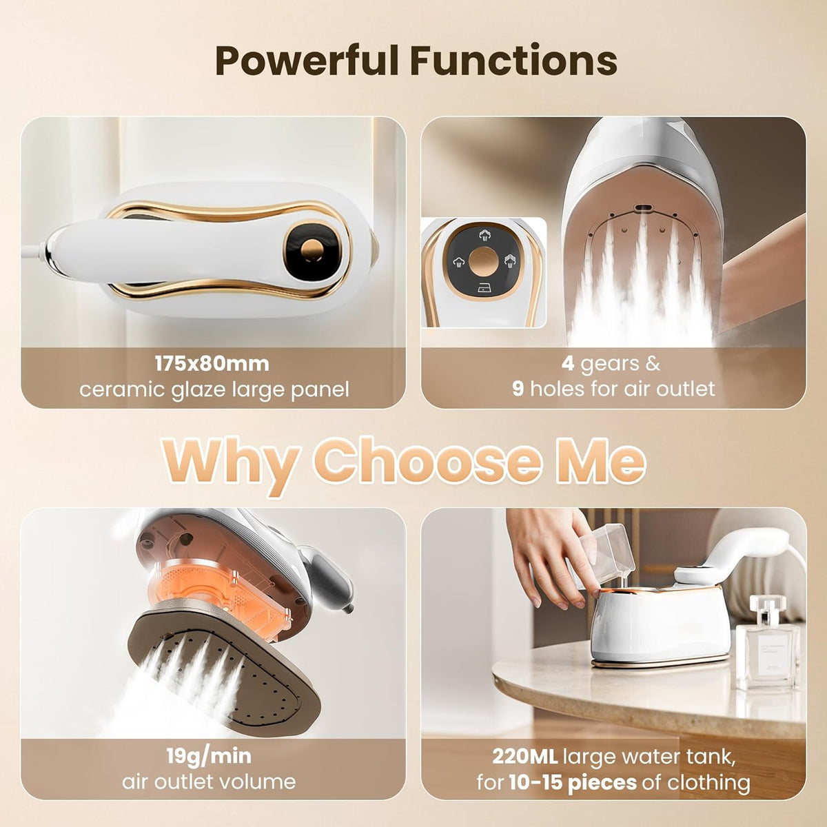 Portable Clothes Steamer175X80Mm Ceramic Glaze Panel Iron 220Ml Water Tank 1200W & 15Sfast Heat up 4-Speed Steamer for Clothes of All Fabrics Dry&Wet Iron for Home Travel Business Trip